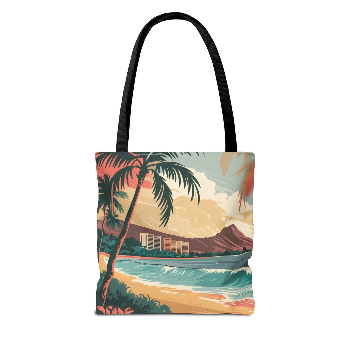 Waikiki Tropical Beach Tote Bag All Over Print Palm Trees Ocean View Summer