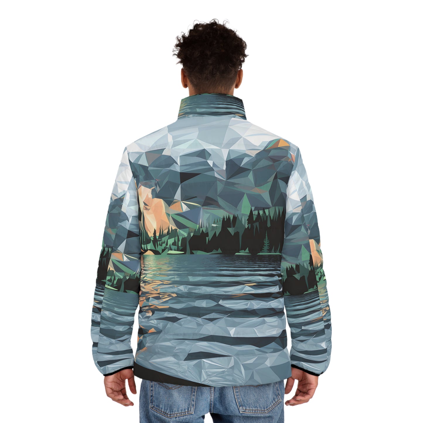 Puffer Jacket for Outdoor Adventure Abstract Lakes Design Waterproof Warm Style