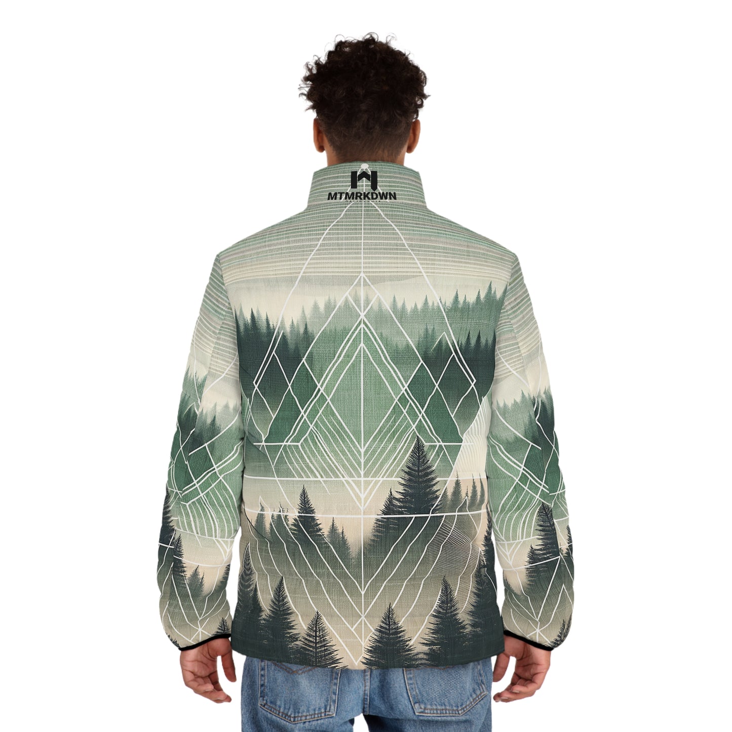 Forest Puffer Jacket - Adult All Over Print Geometric Graphic Full-Zip Winter Outdoor Adventure Coat Ski Hike Camp
