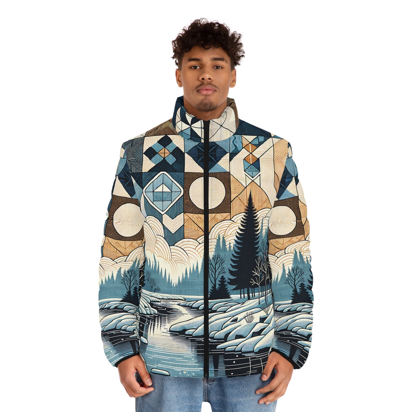 Men's Geometric Winter Puffer Jacket - Snowy River Landscape Full-Zip Ski, Hike & Apres Coat
