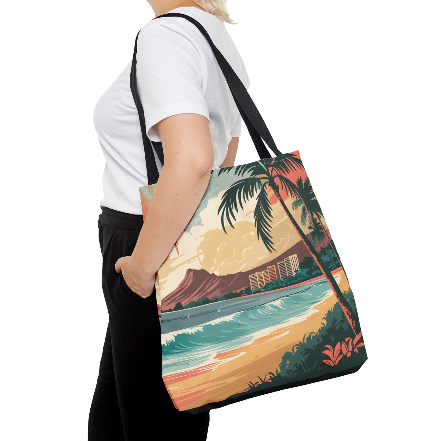 Waikiki Tropical Beach Tote Bag All Over Print Palm Trees Ocean View Summer