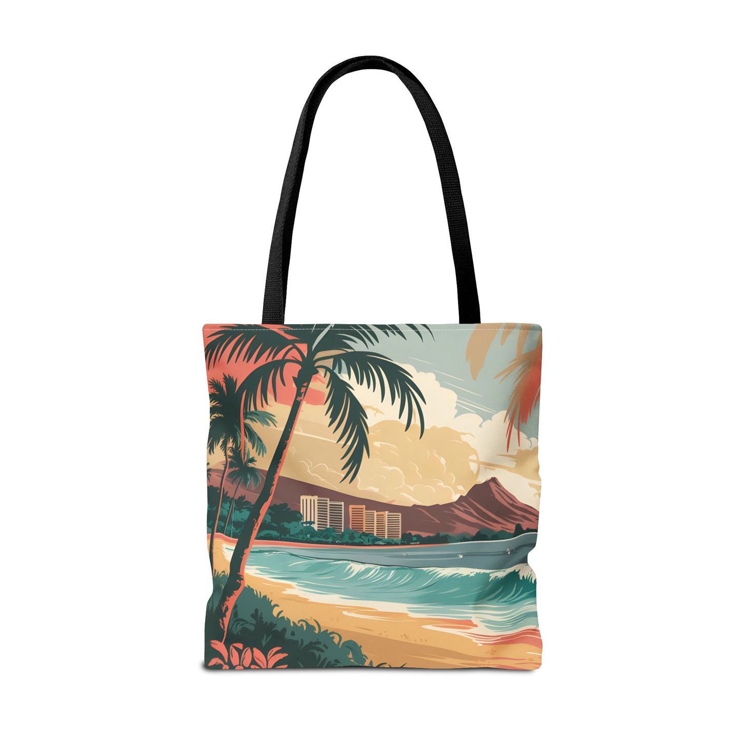 Waikiki Tropical Beach Tote Bag All Over Print Palm Trees Ocean View Summer