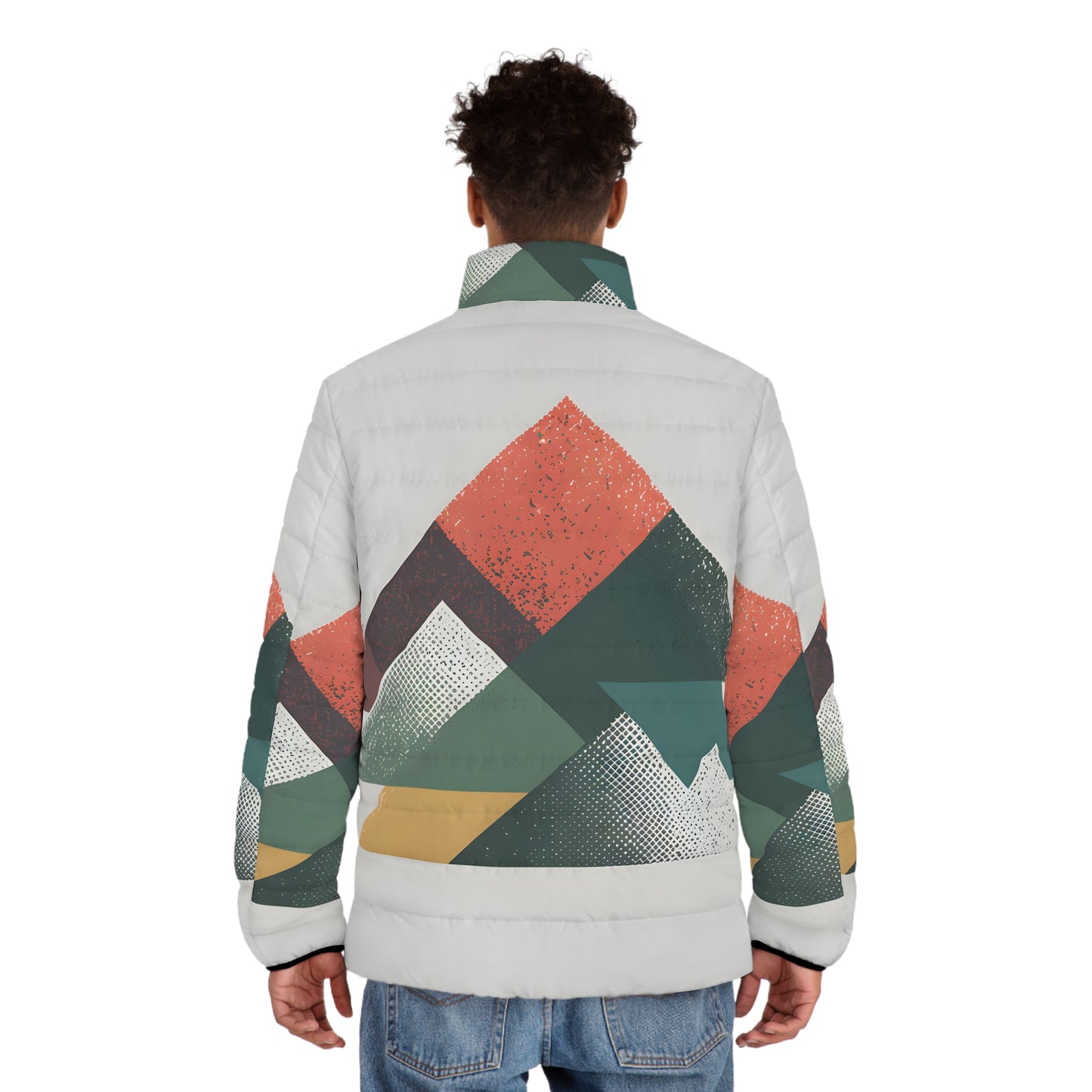 80's Retro Mountain Puffer Jacket Men’s Geometric Winter Coat Full Zip Outdoors