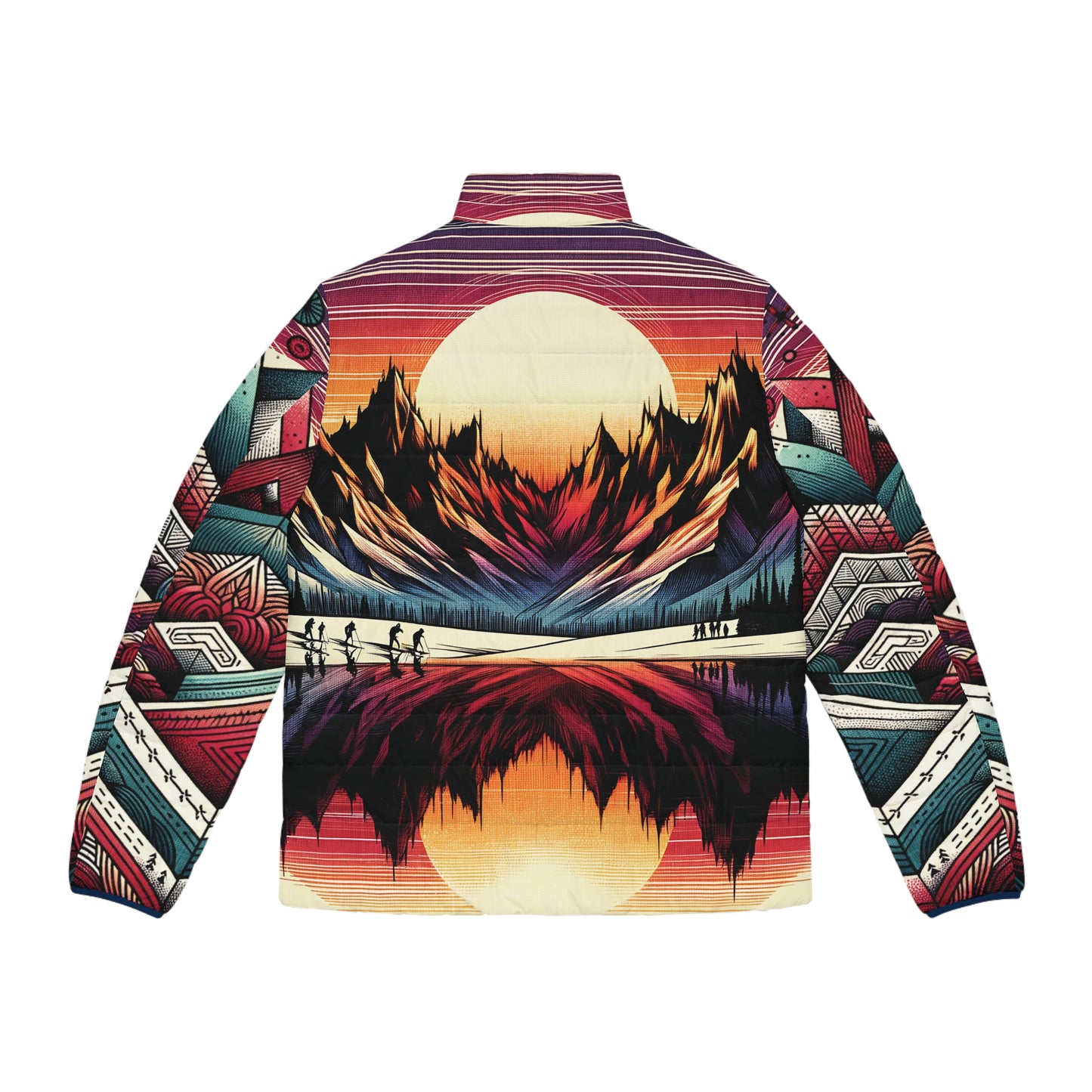 Mountain Sunset Puffer Jacket - All Print Pattern Graphic Full-Zip Lightweight Ski Hike Camp Outdoor Style