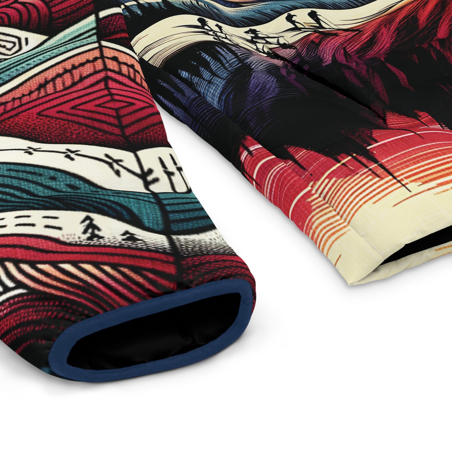 Mountain Sunset Puffer Jacket - All Print Pattern Graphic Full-Zip Lightweight Ski Hike Camp Outdoor Style