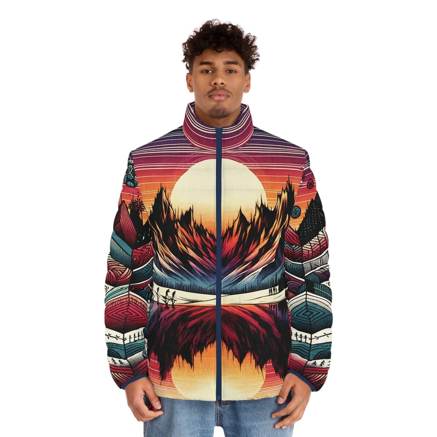Mountain Sunset Puffer Jacket - All Print Pattern Graphic Full-Zip Lightweight Ski Hike Camp Outdoor Style
