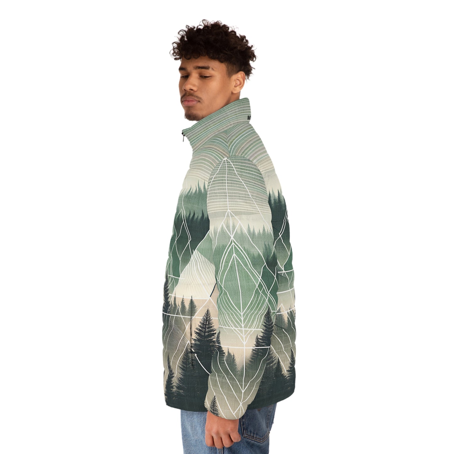 Forest Puffer Jacket - Adult All Over Print Geometric Graphic Full-Zip Winter Outdoor Adventure Coat Ski Hike Camp