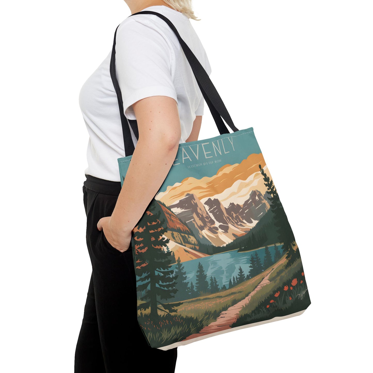 Heavenly All Over Print Tote Bag Mountain Lake Retro Nature Art Casual Apparel