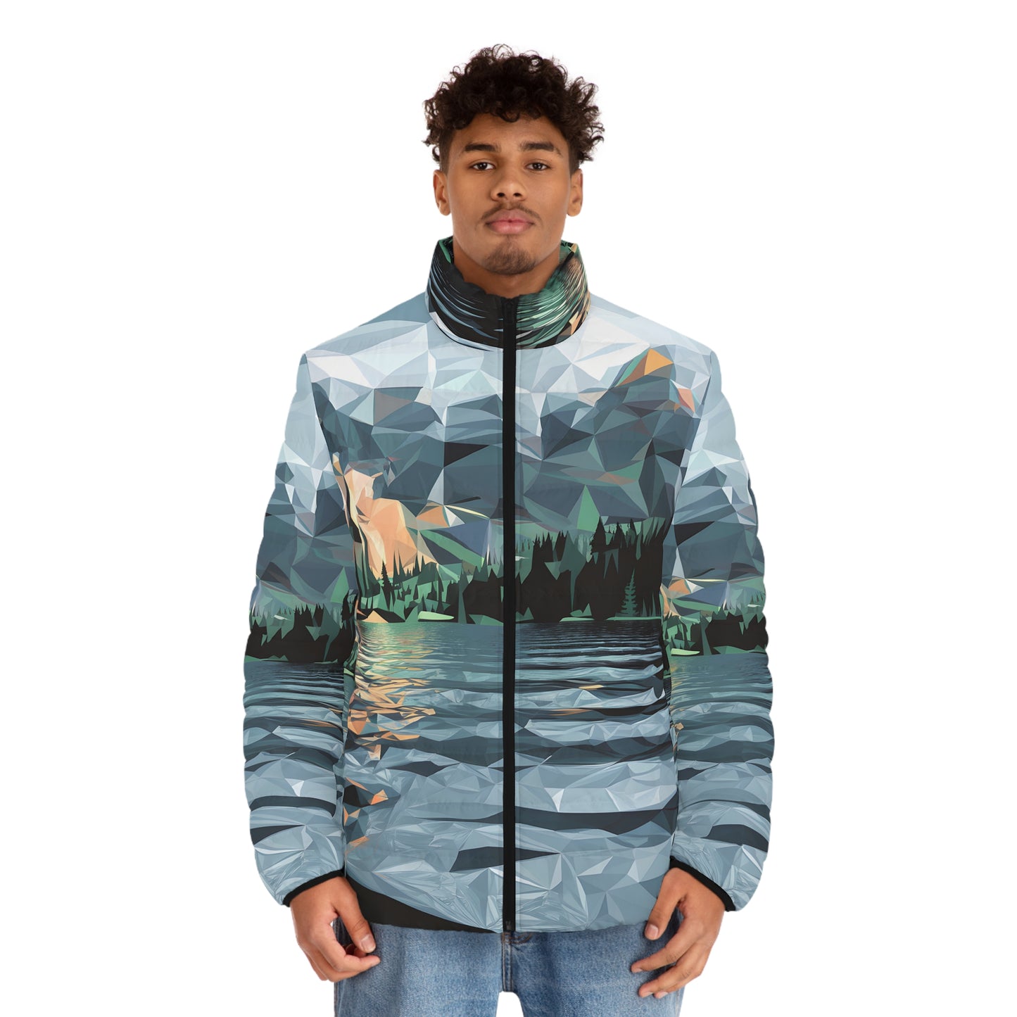 Puffer Jacket for Outdoor Adventure Abstract Lakes Design Waterproof Warm Style