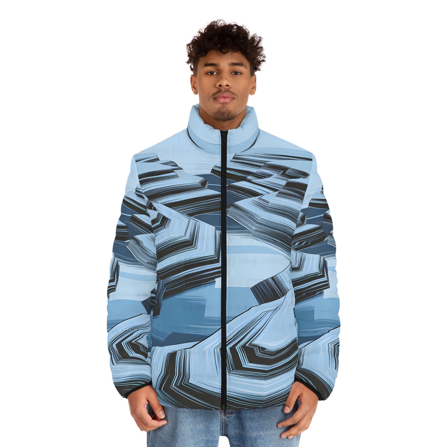 Frosted Layers Puffer Jacket Men’s Winter Coat Warm Outdoor Zip Blue Graphic