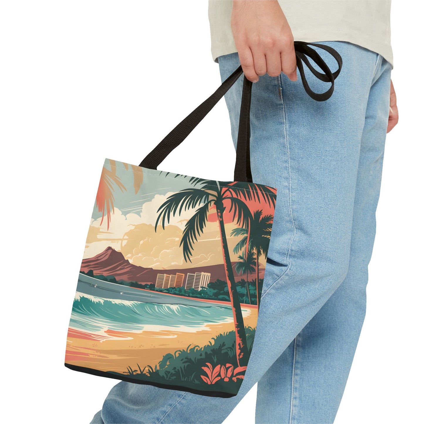 Waikiki Tropical Beach Tote Bag All Over Print Palm Trees Ocean View Summer