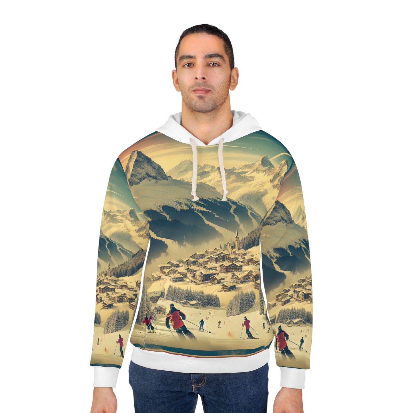 Vintage Ski Resort Style All Over Print Hoodie Winter Mountain Outdoor Travel
