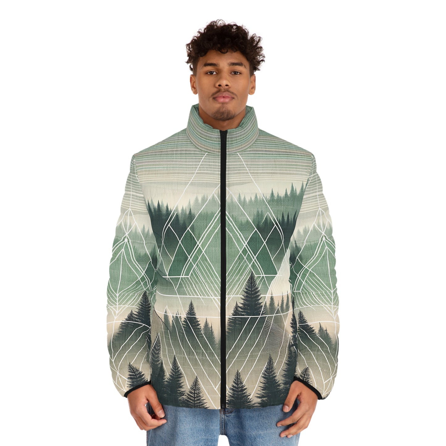 Forest Puffer Jacket - Adult All Over Print Geometric Graphic Full-Zip Winter Outdoor Adventure Coat Ski Hike Camp