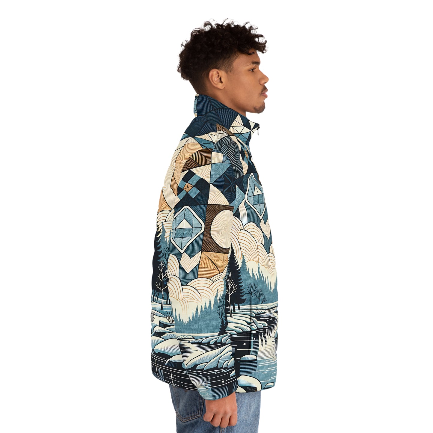Men's Geometric Winter Puffer Jacket - Snowy River Landscape Full-Zip Ski, Hike & Apres Coat