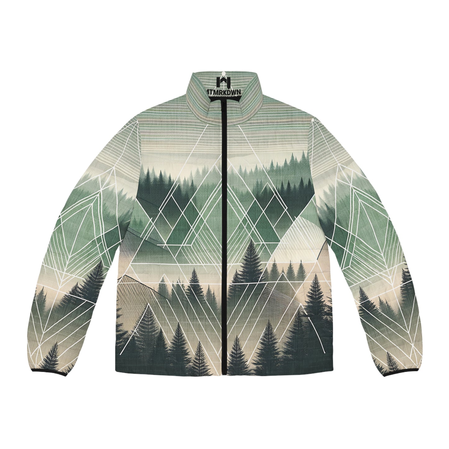 Forest Puffer Jacket - Adult All Over Print Geometric Graphic Full-Zip Winter Outdoor Adventure Coat Ski Hike Camp