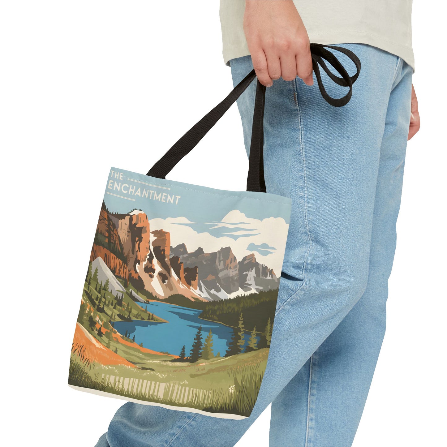 Enchantments All Over Print Tote Bag Mountain Lake Design Eco Friendly Gift