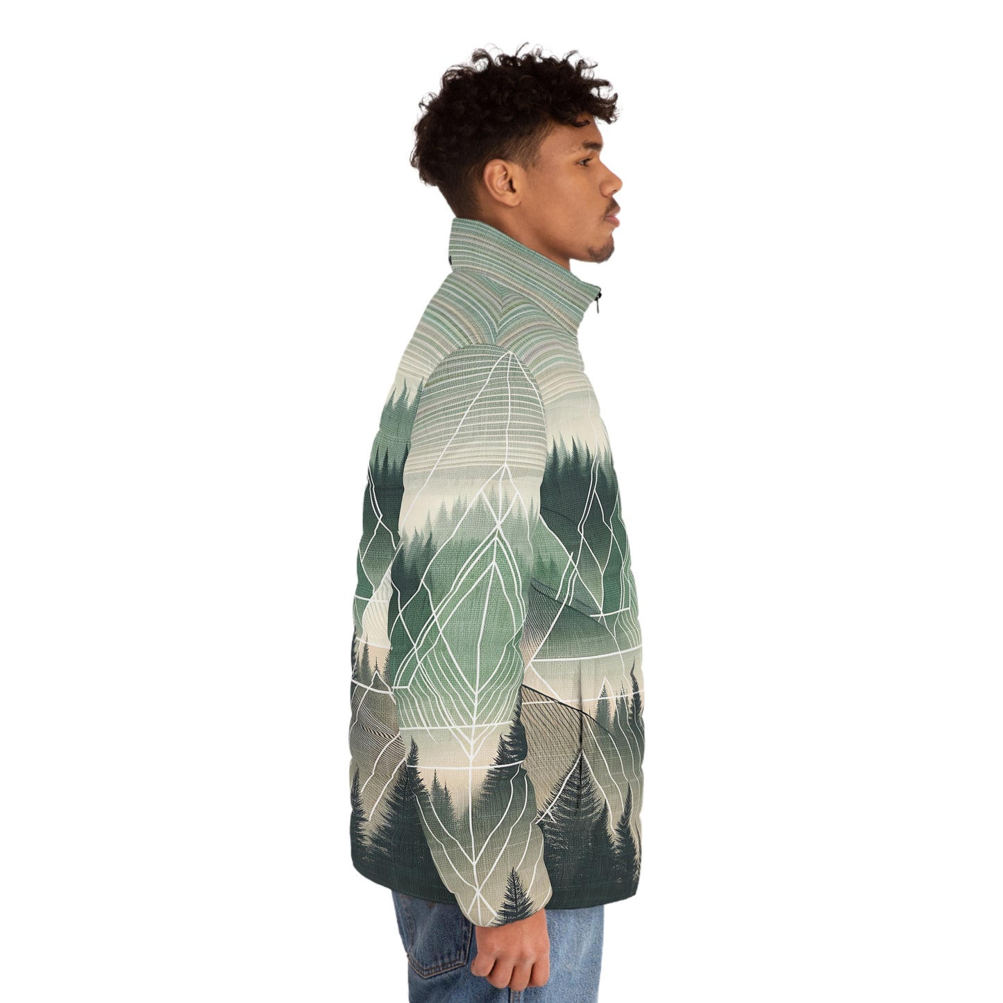 Forest Puffer Jacket - Adult All Over Print Geometric Graphic Full-Zip Winter Outdoor Adventure Coat Ski Hike Camp