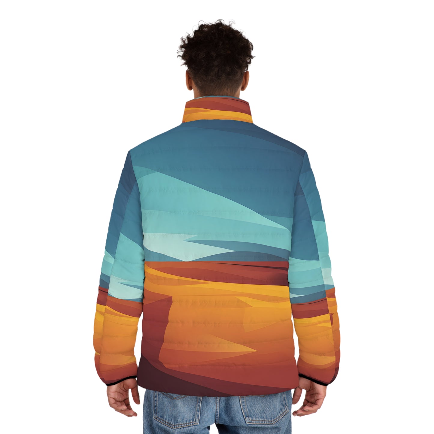 Puffer Jacket for Outdoor Adventures in Horizon Lines Artwork Design Warm Winter