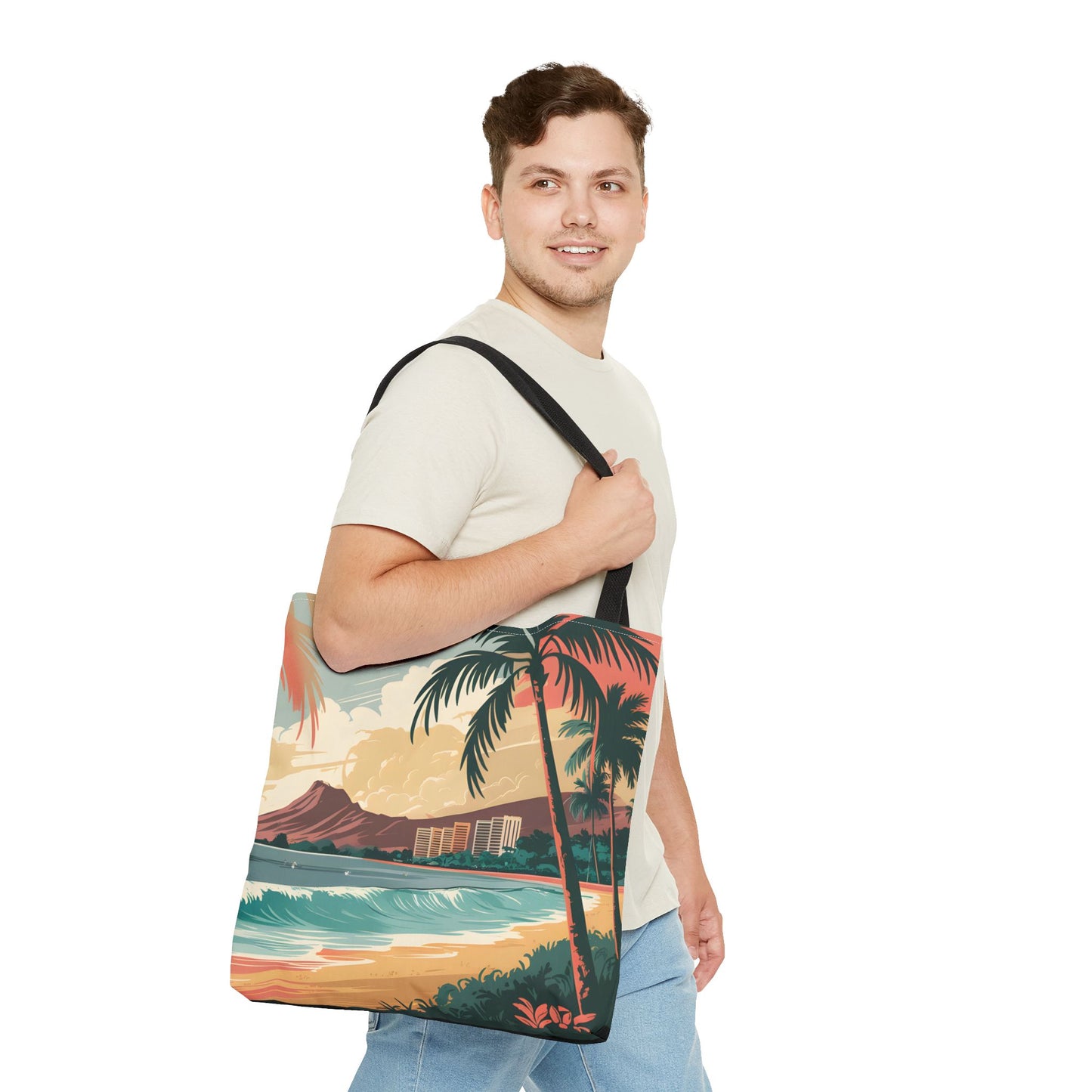 Waikiki Tropical Beach Tote Bag All Over Print Palm Trees Ocean View Summer