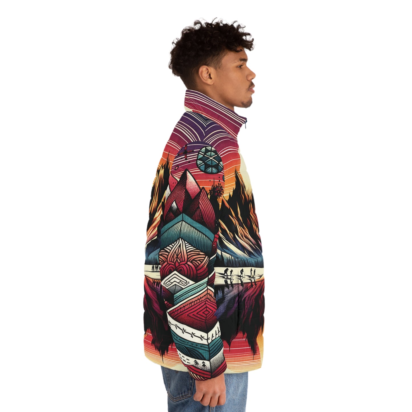 Mountain Sunset Puffer Jacket - All Print Pattern Graphic Full-Zip Lightweight Ski Hike Camp Outdoor Style