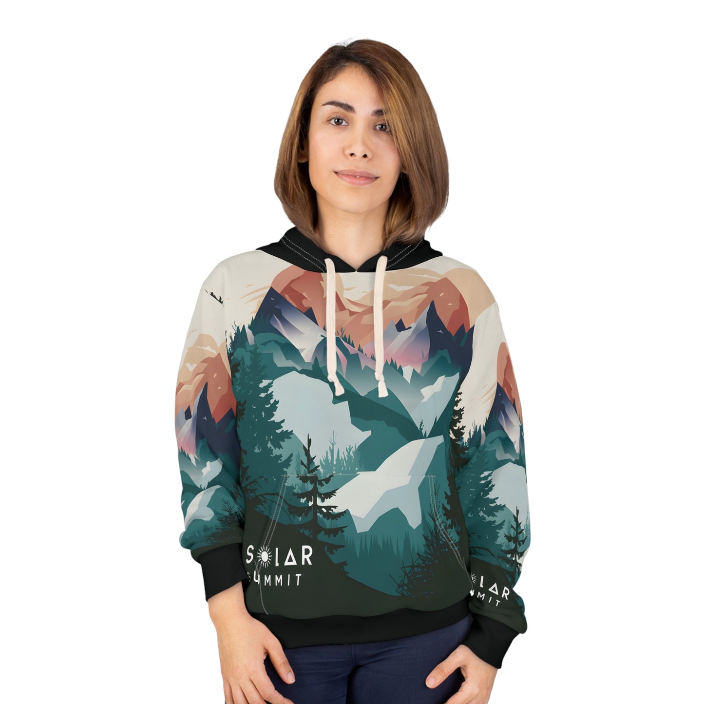 Solar Summit Hoodie All Over Print Mountain Graphic Nature Hiking Travel Unisex
