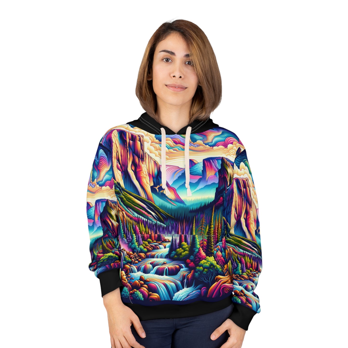 Yosemite Hoodie Unisex Mountain Landscape Pullover Rainbow Forest Art Graphic