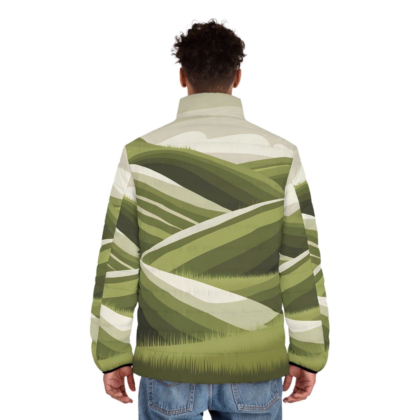 Outdoor Adventure Puffer Jacket, Scenic Hills Nature Men's Coat, All-Over Print