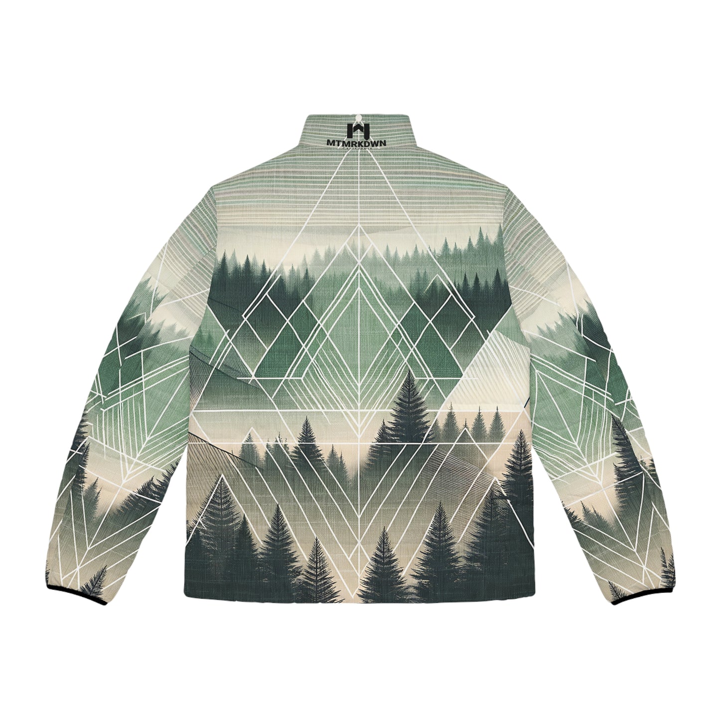 Forest Puffer Jacket - Adult All Over Print Geometric Graphic Full-Zip Winter Outdoor Adventure Coat Ski Hike Camp