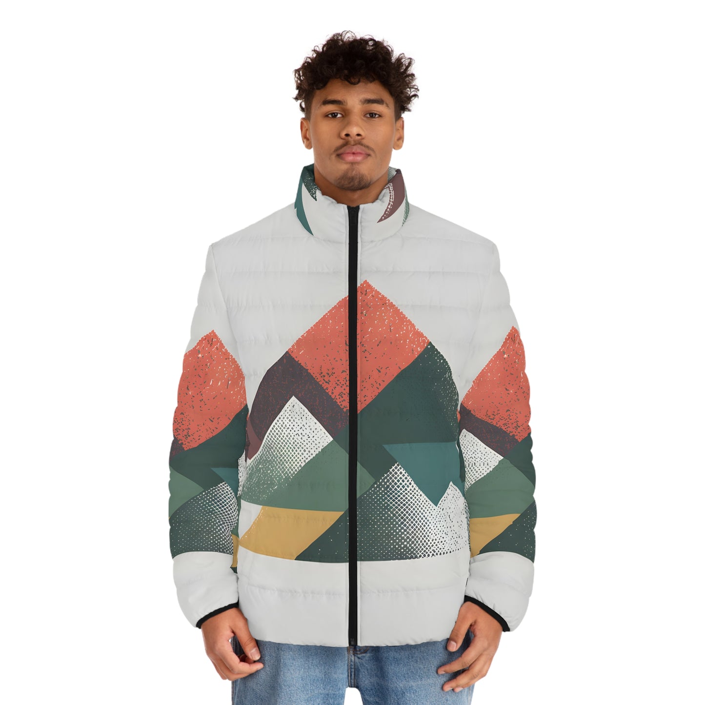 80's Retro Mountain Puffer Jacket Men’s Geometric Winter Coat Full Zip Outdoors