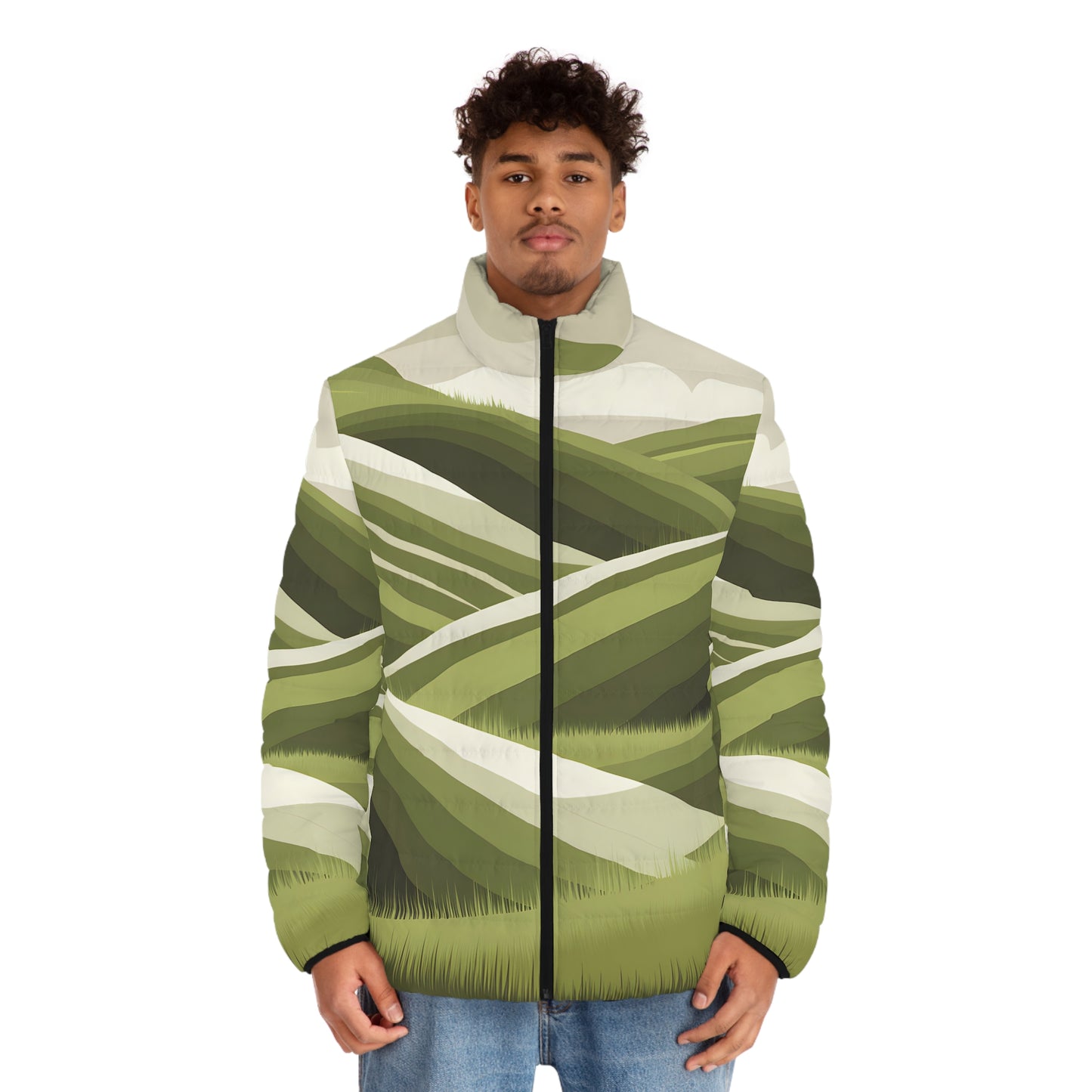 Outdoor Adventure Puffer Jacket, Scenic Hills Nature Men's Coat, All-Over Print