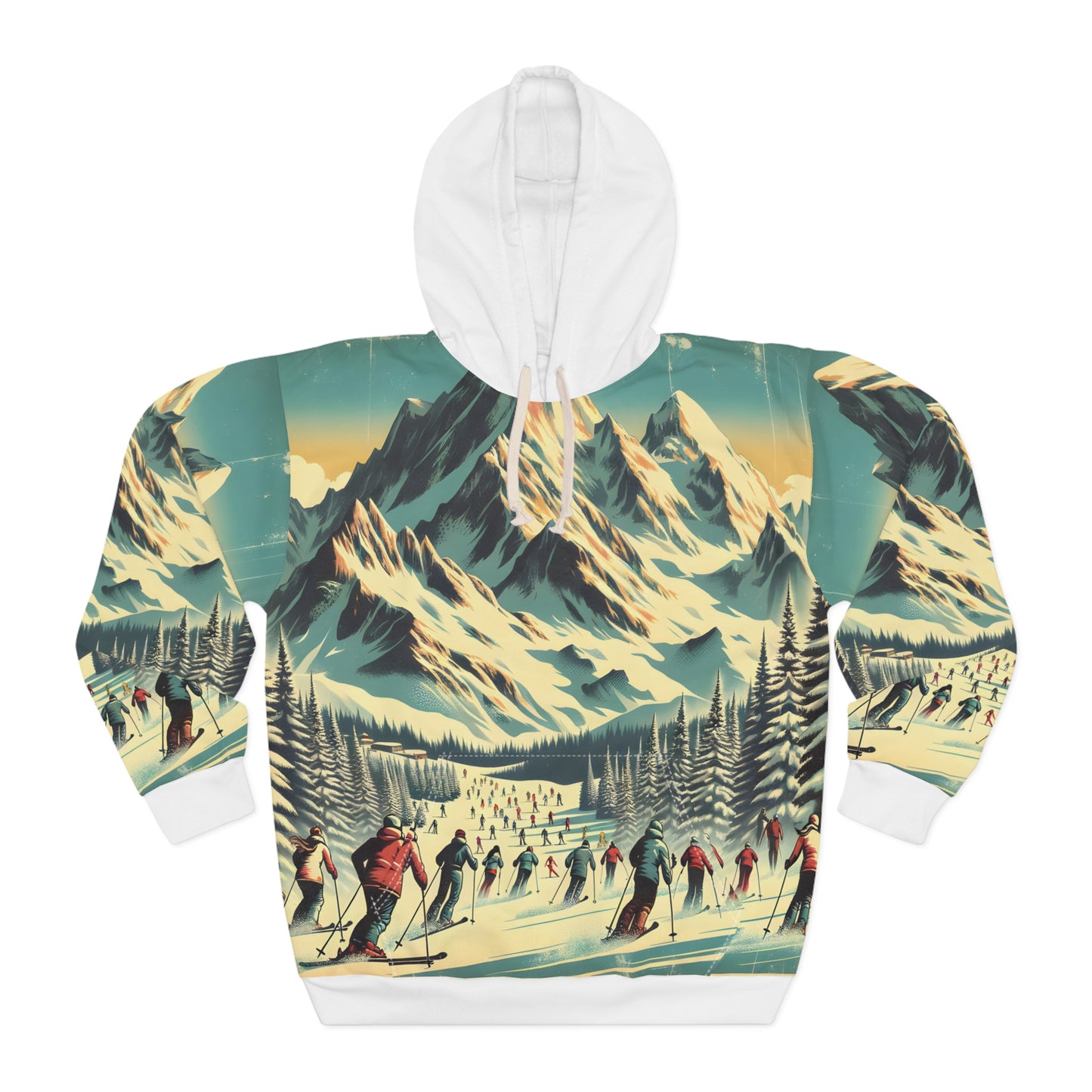 Retro Ski Hoodie All Over Print Mountain Snow Scene Winter Sports Pullover