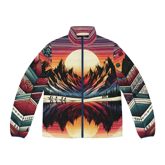 Mountain Sunset Puffer Jacket - All Print Pattern Graphic Full-Zip Lightweight Ski Hike Camp Outdoor Style