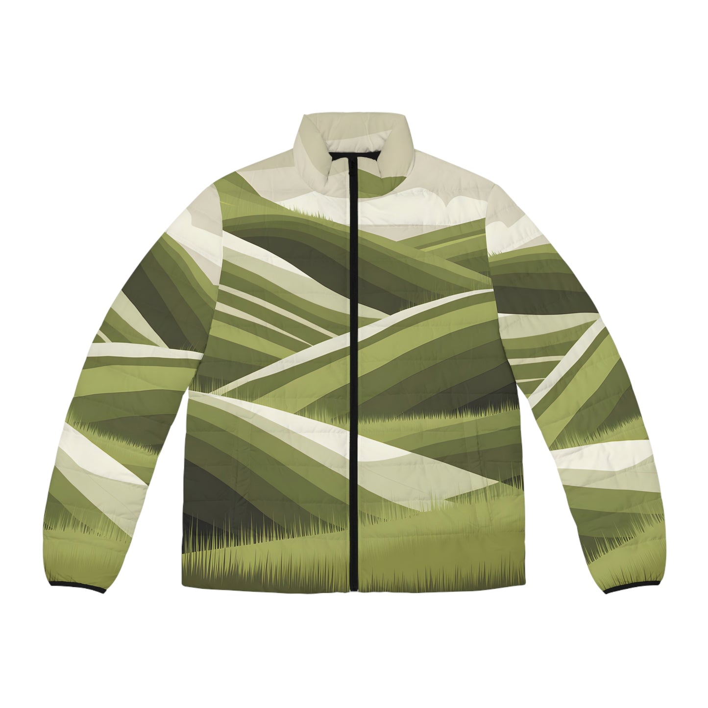 Outdoor Adventure Puffer Jacket, Scenic Hills Nature Men's Coat, All-Over Print