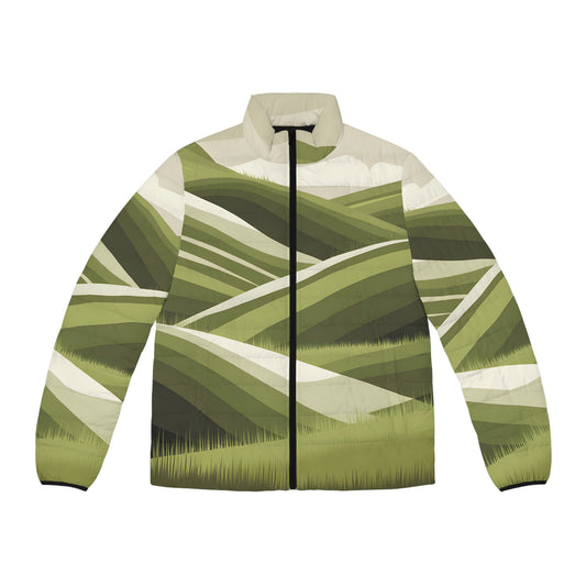 Outdoor Adventure Puffer Jacket, Scenic Hills Nature Men's Coat, All-Over Print