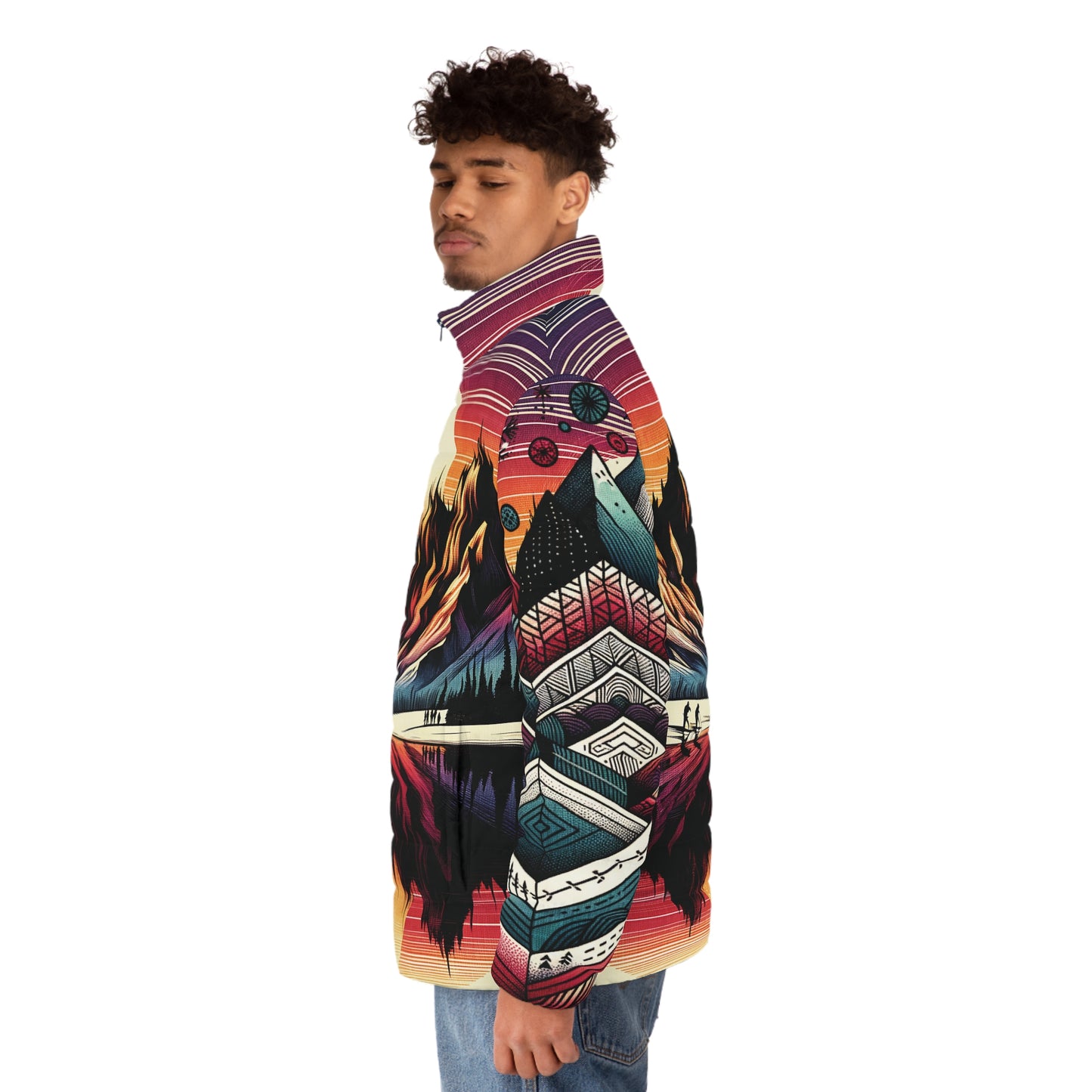 Mountain Sunset Puffer Jacket - All Print Pattern Graphic Full-Zip Lightweight Ski Hike Camp Outdoor Style