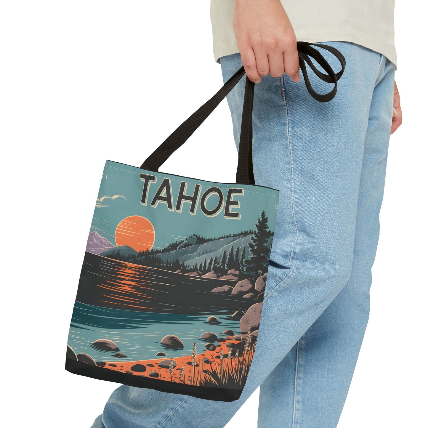 Vintage Tahoe Tote Bag All Over Print Lake Sunset Hiking Gift Outdoors Art