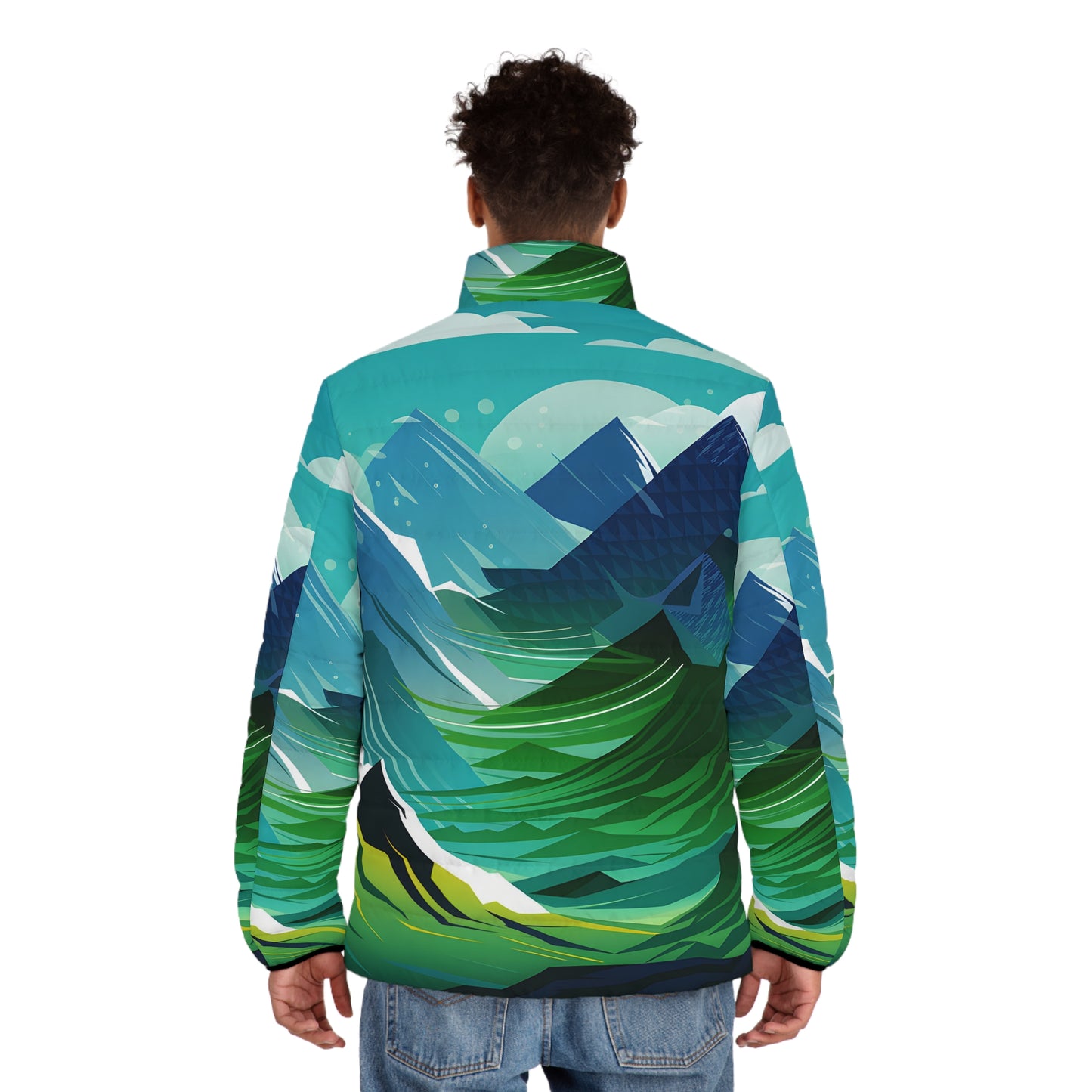 Crisp Edge Puffer Jacket All Over Print Mountain Graphic Outdoor Lightweight