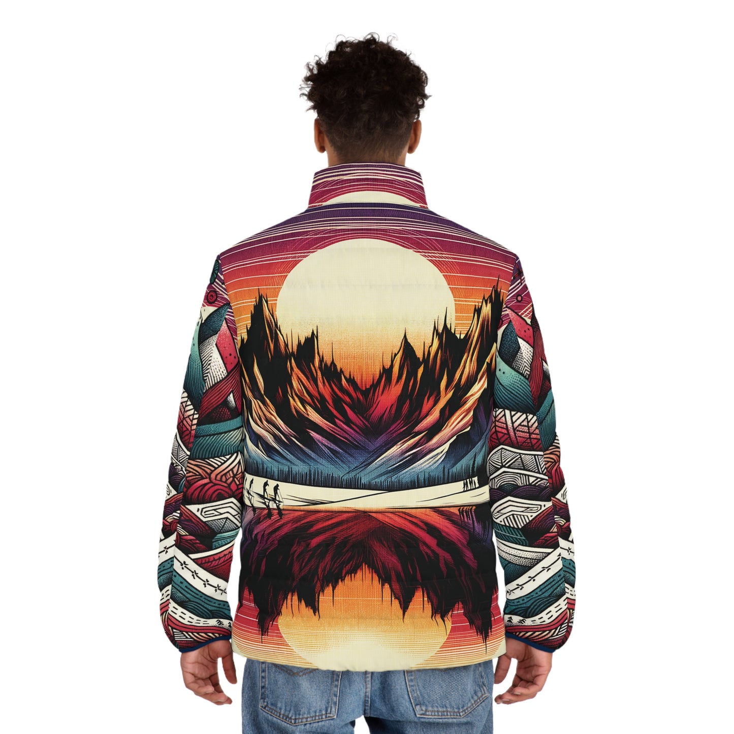 Mountain Sunset Puffer Jacket - All Print Pattern Graphic Full-Zip Lightweight Ski Hike Camp Outdoor Style