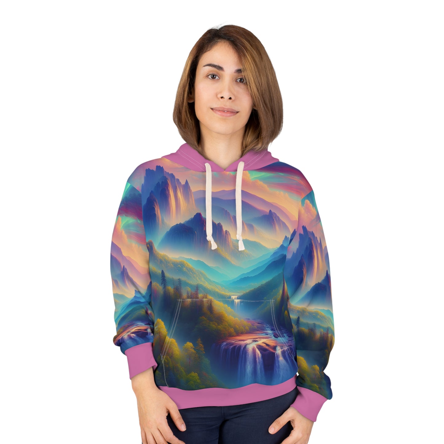Smoky Mountains All-Over Print Hoodie Mountain Waterfall Artwork Sweatshirt