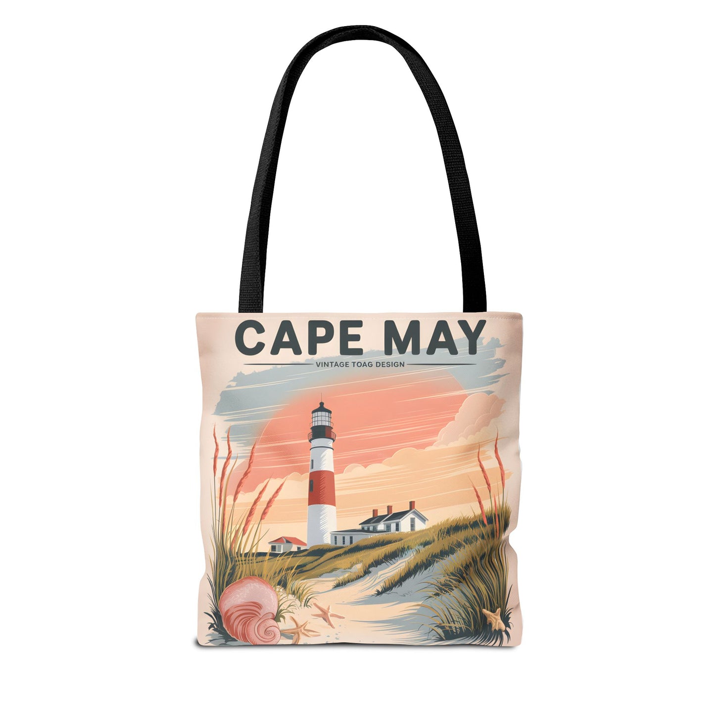 Cape May Vintage Tote Bag Lighthouse Beach Design All Over Print Gift Apparel