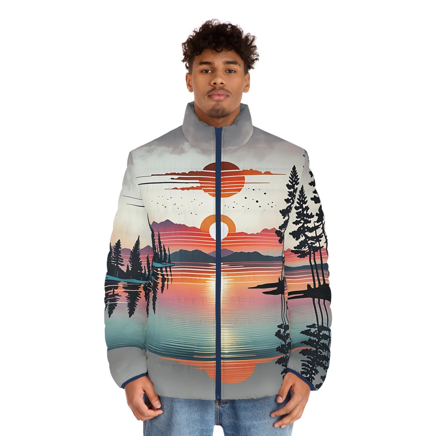 Sunset Landscape Puffer Jacket, Nature Graphic Zip-Up Men's Outerwear, Mountain Print Winter Coat, Outdoor Adventure Apparel, Scenic Sunset