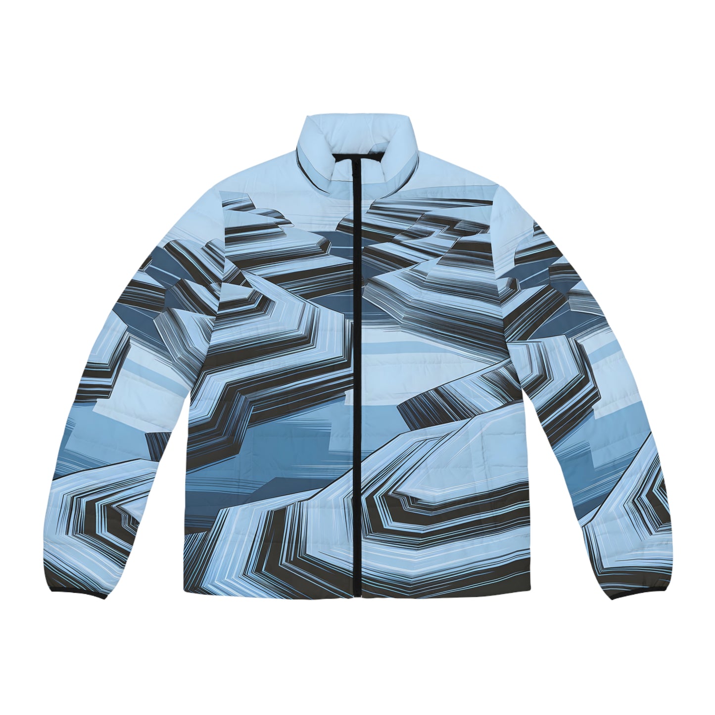 Frosted Layers Puffer Jacket Men’s Winter Coat Warm Outdoor Zip Blue Graphic