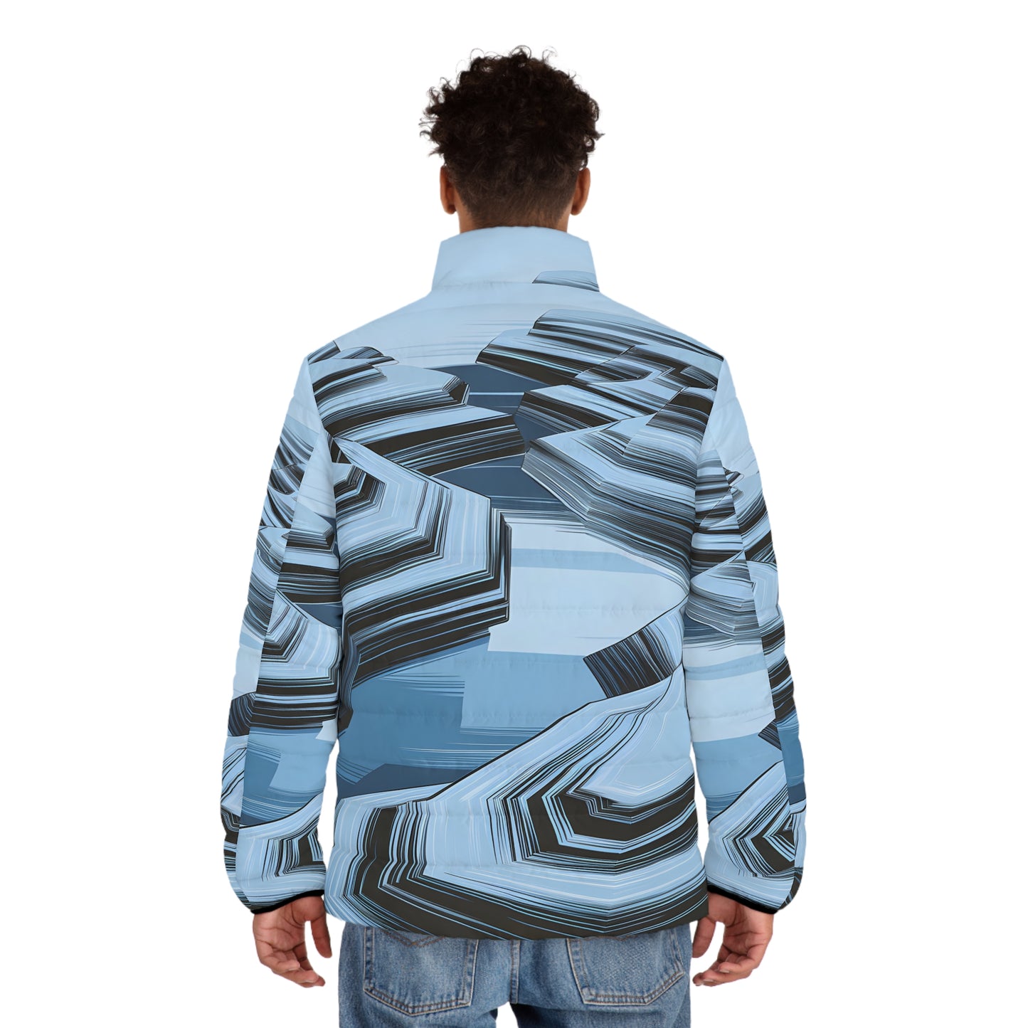 Frosted Layers Puffer Jacket Men’s Winter Coat Warm Outdoor Zip Blue Graphic
