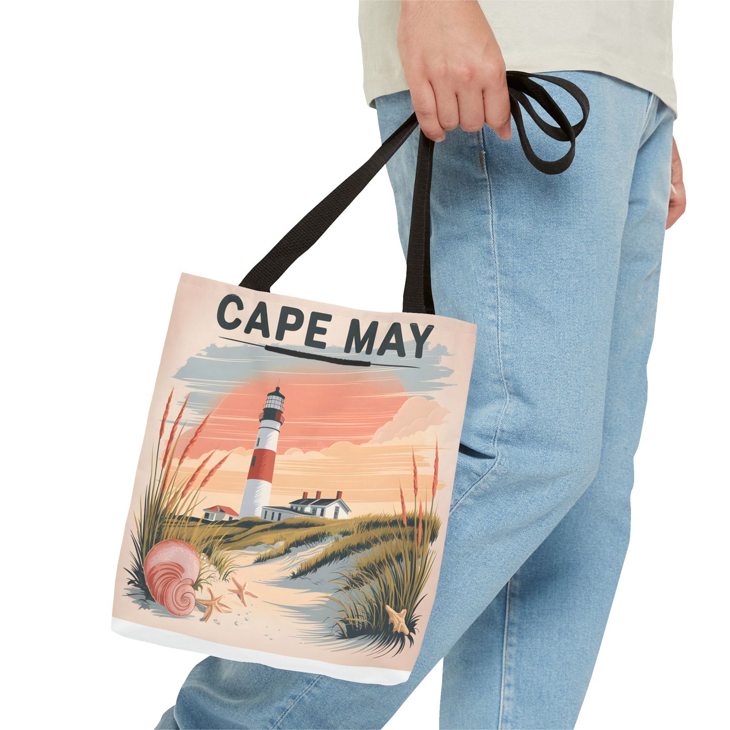 Cape May Vintage Tote Bag Lighthouse Beach Design All Over Print Gift Apparel