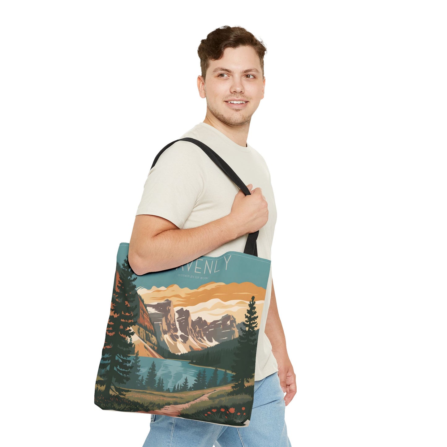 Heavenly All Over Print Tote Bag Mountain Lake Retro Nature Art Casual Apparel