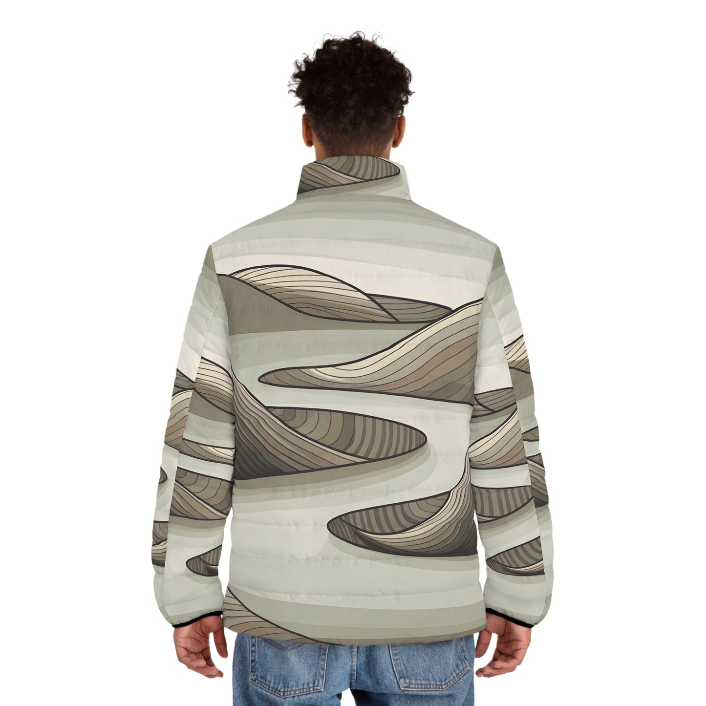 Puffer Jacket All Over Print Earth Tone Design Outdoor Adventure Windproof Zip