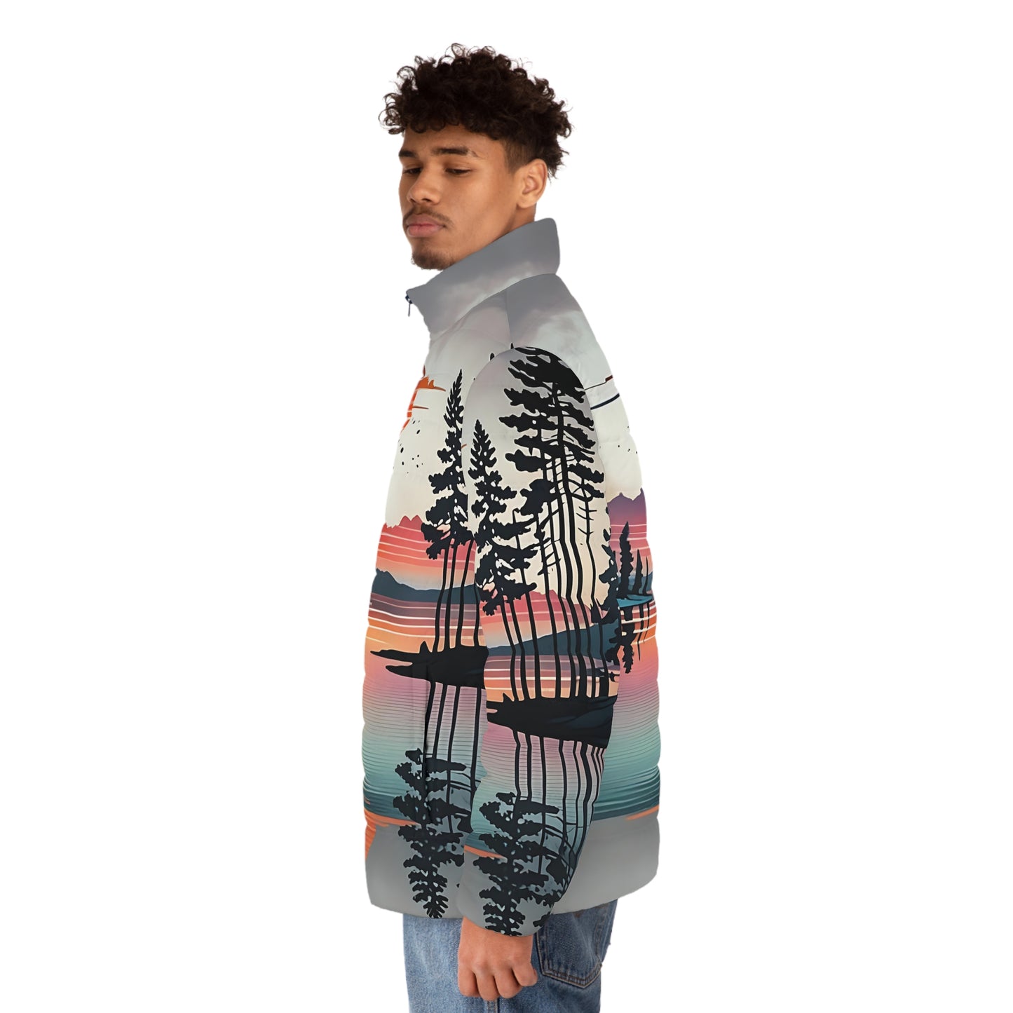 Sunset Landscape Puffer Jacket, Nature Graphic Zip-Up Men's Outerwear, Mountain Print Winter Coat, Outdoor Adventure Apparel, Scenic Sunset