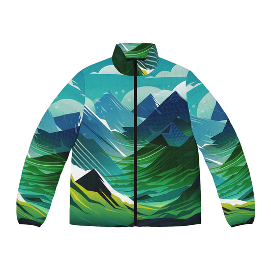 Crisp Edge Puffer Jacket All Over Print Mountain Graphic Outdoor Lightweight