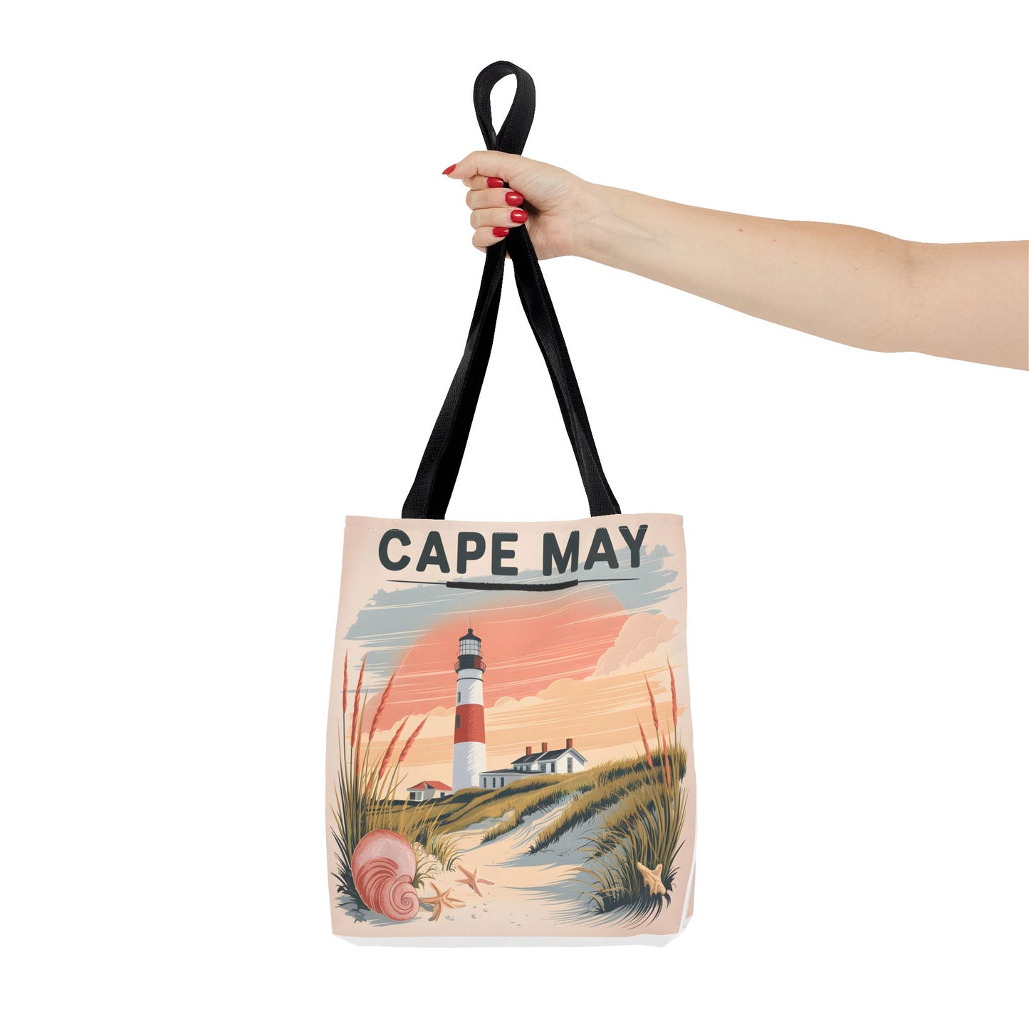 Cape May Vintage Tote Bag Lighthouse Beach Design All Over Print Gift Apparel
