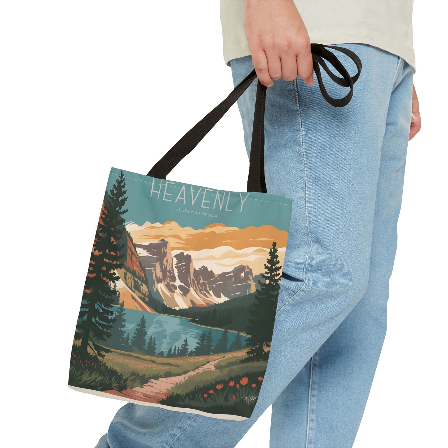 Heavenly All Over Print Tote Bag Mountain Lake Retro Nature Art Casual Apparel